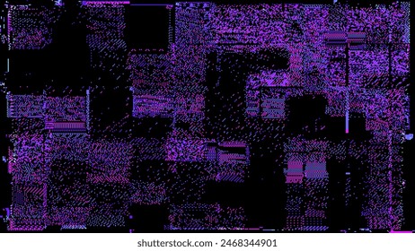 Abstract Technology Futuristic Digital Square Pattern. Square Pixel Glitch Dither Dark Purple Background. Rectangle Particles Metaverse Concept Backdrop, Virtual Cyber Space. Vector Illustration.