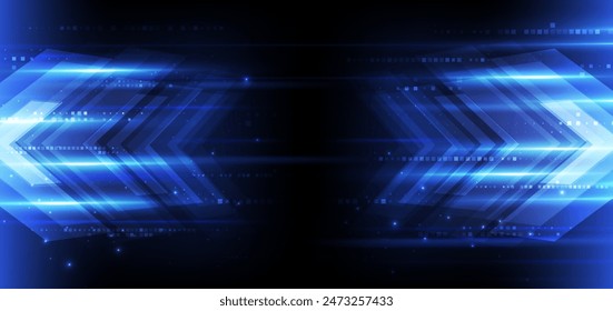 Abstract technology futuristic glowing arrow lines neon blue light ray on dark blue background with square pattern digital element. Vector illustration