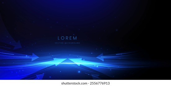 Abstract technology futuristic glowing arrow lines neon blue light ray on dark blue background. Concept technology motion speed. Vector illustration