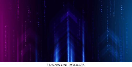Abstract technology futuristic glowing arrow vertical rays neon blue light ray on dark blue background with square pattern digital element. Vector illustration