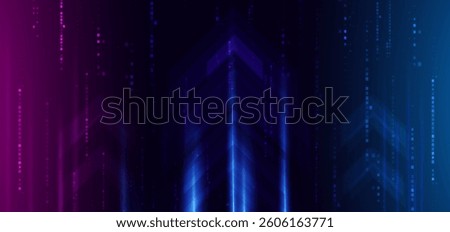Abstract technology futuristic glowing arrow vertical rays neon blue light ray on dark blue background with square pattern digital element. Vector illustration