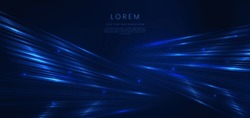 Abstract Technology Futuristic Glowing Blue Light Lines With Speed Motion Blur Effect On Dark Blue Background. Vector Illustration