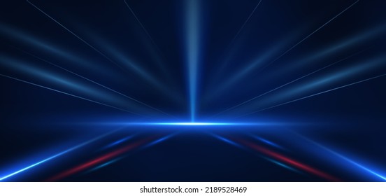 Abstract technology futuristic glowing blue and red  light lines with speed motion blur effect on dark blue background. Vector illustration