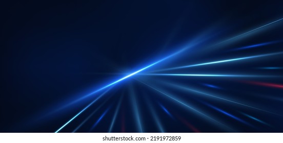 Abstract technology futuristic glowing blue and red  light lines with speed motion blur effect on dark blue background. Vector illustration