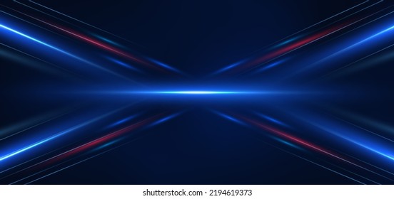 Abstract technology futuristic glowing blue and red  light lines with speed motion blur effect on dark blue background. Vector illustration