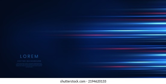 Abstract technology futuristic glowing blue and red  light lines with speed motion blur effect on dark blue background. Vector illustration