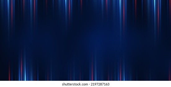 Abstract technology futuristic glowing blue and red  light lines with speed motion blur effect on dark blue background. Vector illustration