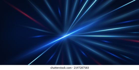 Abstract Technology Futuristic Glowing Blue And Red  Light Lines With Speed Motion Blur Effect On Dark Blue Background. Vector Illustration