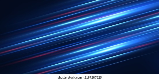 Abstract technology futuristic glowing blue and red  light lines with speed motion blur effect on dark blue background. Vector illustration