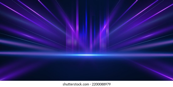 Tecnología abstracta líneas de luz azul y violeta futurista con efecto de borrón de movimiento de velocidad sobre fondo azul oscuro  Ilustración del vector