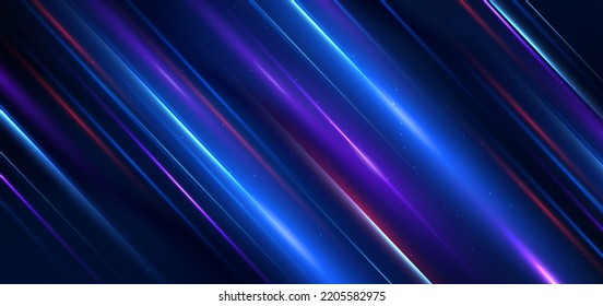 Abstract technology futuristic glowing blue and red  light lines with speed motion blur effect on dark blue background. Vector illustration