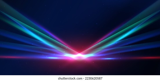Tecnología abstracta líneas futuristas brillantes azules y rojas de luz con efecto de borroso de movimiento de velocidad sobre fondo azul oscuro. Ilustración del vector