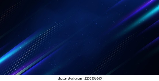 Abstract technology futuristic glowing blue night light lines with speed motion blur effect on dark blue background. Vector illustration