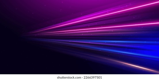 Abstract technology futuristic glowing blue and pink light lines with speed motion blur effect on dark blue background. Vector illustration