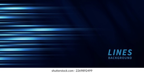 Abstract technology futuristic glowing blue light lines with speed motion blur effect on dark blue background. Vector illustration