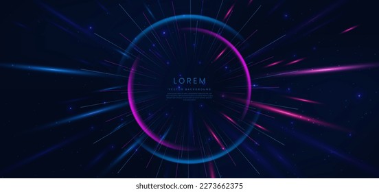 Abstract technology futuristic glowing blue and pink light curved lines with high-speed effect on dark blue background. Vector illustration