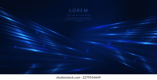 Abstract technology futuristic glowing blue light lines with speed motion blur effect on dark blue background. Vector illustration - Shutterstock ID 2279554649