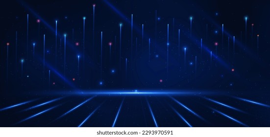 Abstract technology futuristic glowing blue light lines vertical on dark blue background. Connection communication network concept. Vector illustration