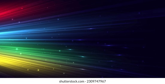 Abstract technology futuristic glowing blue, red, green and yellow light lines with high-speed effect on dark blue background. Vector illustration