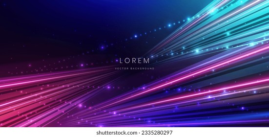 Abstract technology futuristic glowing blue and pink light lines with speed motion blur effect on dark blue background. Vector illustration