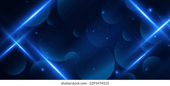 Resumen de tecnología círculos futuristas brillantes azul con iluminación y brillo sobre fondo azul oscuro. Ilustración del vector