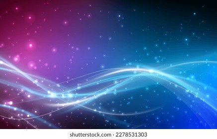 Abstract technology futuristic glowing curved line on dark blue and pink background with lighting effect and sparkle. Magic luminous azure glow for brochures, magazine, business card, banner. Vector.