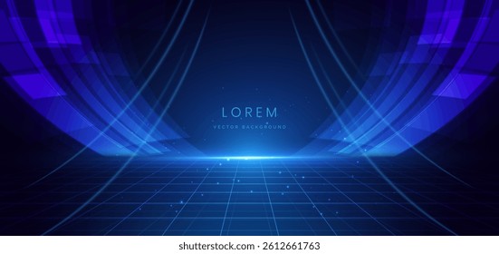 Abstract technology futuristic glowing geometic neon blue light ray on dark blue background. Concept communication, technology motion hi-speed. Vector illustration