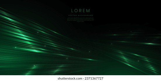 Resumen de la tecnología líneas de luz verde futurista brillante con efecto de desenfoque de movimiento de velocidad sobre el fondo verde oscuro. Ilustración del vector