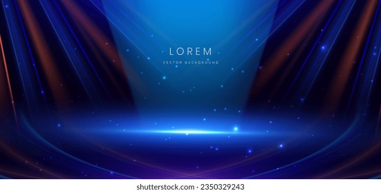 Tecnología abstracta líneas futuristas brillantes neón azul y naranja en fondo azul oscuro con efecto de iluminación. Ilustración del vector