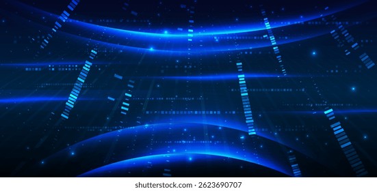Abstractas tecnología futurista líneas brillantes de neón azul claro rayo sobre fondo azul oscuro con patrón cuadrado elemento digital. Ilustración vectorial