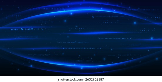 Abstract technology futuristic glowing lines neon blue light ray on dark blue background with square pattern digital element. Vector illustration
