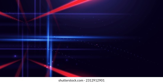 Resumen de la tecnología líneas futuristas brillantes de luz neón azul y roja con movimiento de velocidad moviéndose sobre fondo azul oscuro. Ilustración del vector