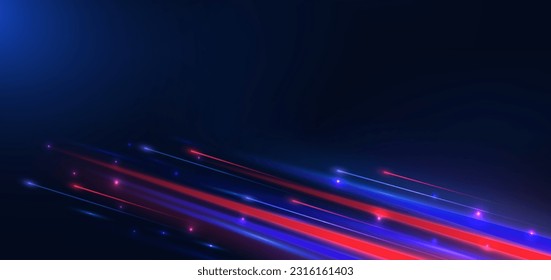 Abstract technology futuristic glowing neon blue and red light lines with speed motion movingon dark blue background. Vector illustration