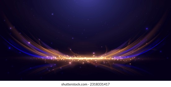 Abstract technology futuristic glowing neon blue and gold light ray curved on dark blue background with lighting effect. Vector illustration