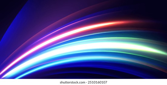 Tecnología Abstractas futurista brillante azul neón y rojo rayo de luz con movimiento de velocidad en movimiento sobre fondo azul oscuro. Ilustración vectorial