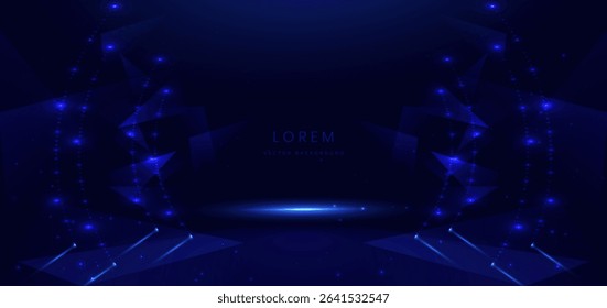 Abstract technology futuristic glowing triangle neon blue light ray on dark blue background. Vector illustration