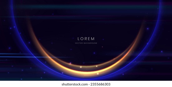 Abstract technology futuristic gold and blue curved glowing and light effect on dark blue background. Vector illustration