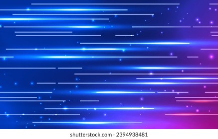 Abstract technology futuristic horizontal glowing light lines background. Dynamic motion speed of light. Beautiful flash of light and spark. Technology velocity movement pattern. Tech Vector EPS10.