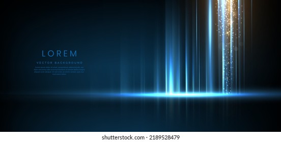Abstract technology futuristic light blue stripe vertical lines light on blue background with gold lighting effect sparkle. Vector illustration