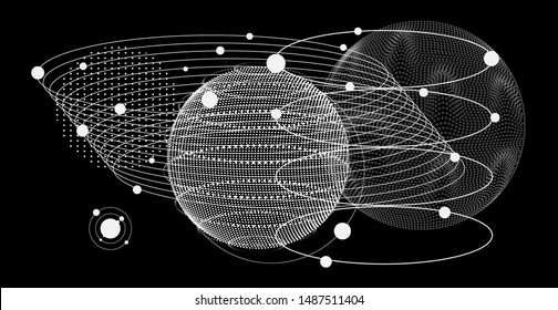 Abstract Technology Futuristic Minimal Vector Background with Spheres and Particles. Cyberpunk Style Cosmic Illustration.