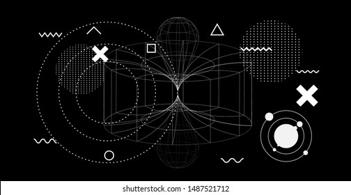Abstract Technology Futuristic Minimal Vector Background with Spheres and Particles. Blackboard with Drawings of Time and Space Distortion in Black Hole.