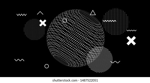 Abstract Technology Futuristic Minimal Vector Background with Spheres and Particles. Blackboard with Drawings, Cyberpunk Style Cosmic Illustration.
