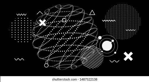 Abstract Technology Futuristic Minimal Vector Background with Spheres and Particles. Blackboard with Drawings, Cyberpunk Style Cosmic Illustration.