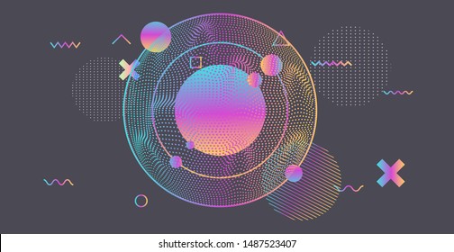 Abstract Technology Futuristic Minimal Vector Background with Holographic Spheres and Particles. Cyberpunk Style Illustration with Generative art and HUD elements.