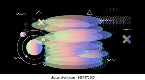 Abstract Technology Futuristic Minimal Vector Background with Spheres and Particles. Blackboard with Drawings, Cyberpunk Style Cosmic Illustration.
