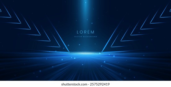 Abstract technology futuristic neon arrow glowing blue on dark blue background. Vector illustration