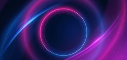 Abstract Technology Futuristic Neon Circle Glowing Blue And Pink  Light Lines With Speed Motion Blur Effect On Dark Blue Background. Vector Illustration