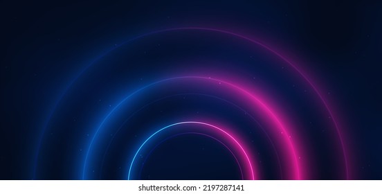 Abstract technology futuristic neon circle glowing blue and pink  light lines with speed motion blur effect on dark blue background. Vector illustration