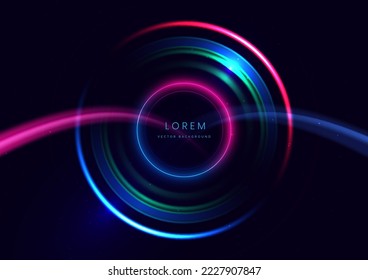 Abstract technology futuristic neon circle glowing blue, green and red light lines with speed motion blur effect on dark blue background. Vector illustration