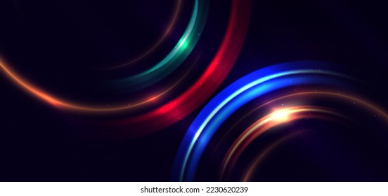 Abstract technology futuristic neon circle glowing blue, green and red light lines with speed motion blur effect on dark blue background. Vector illustration